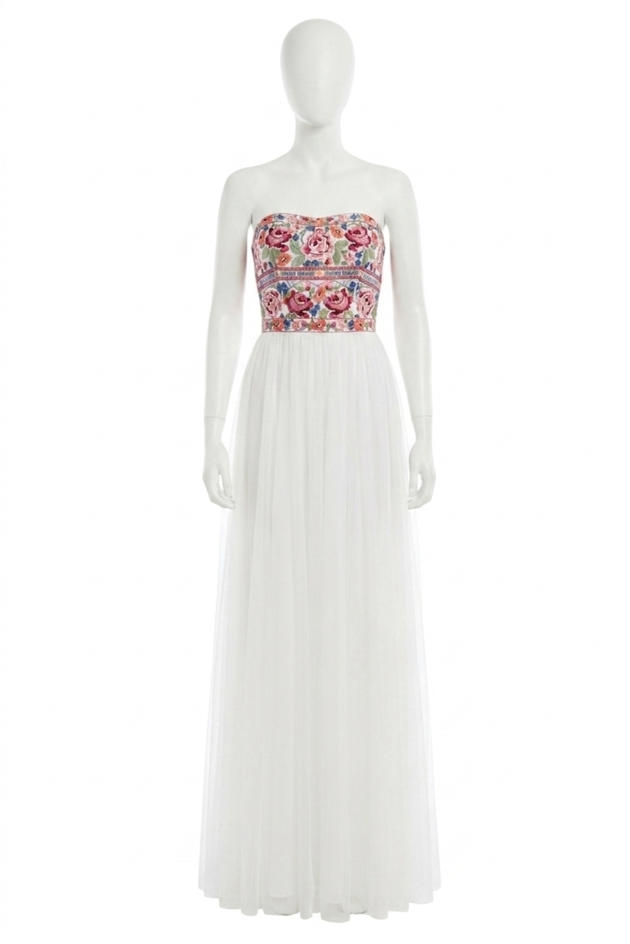 NEW SHERRI HILL embroidered strapless prom dress in ivory/multi